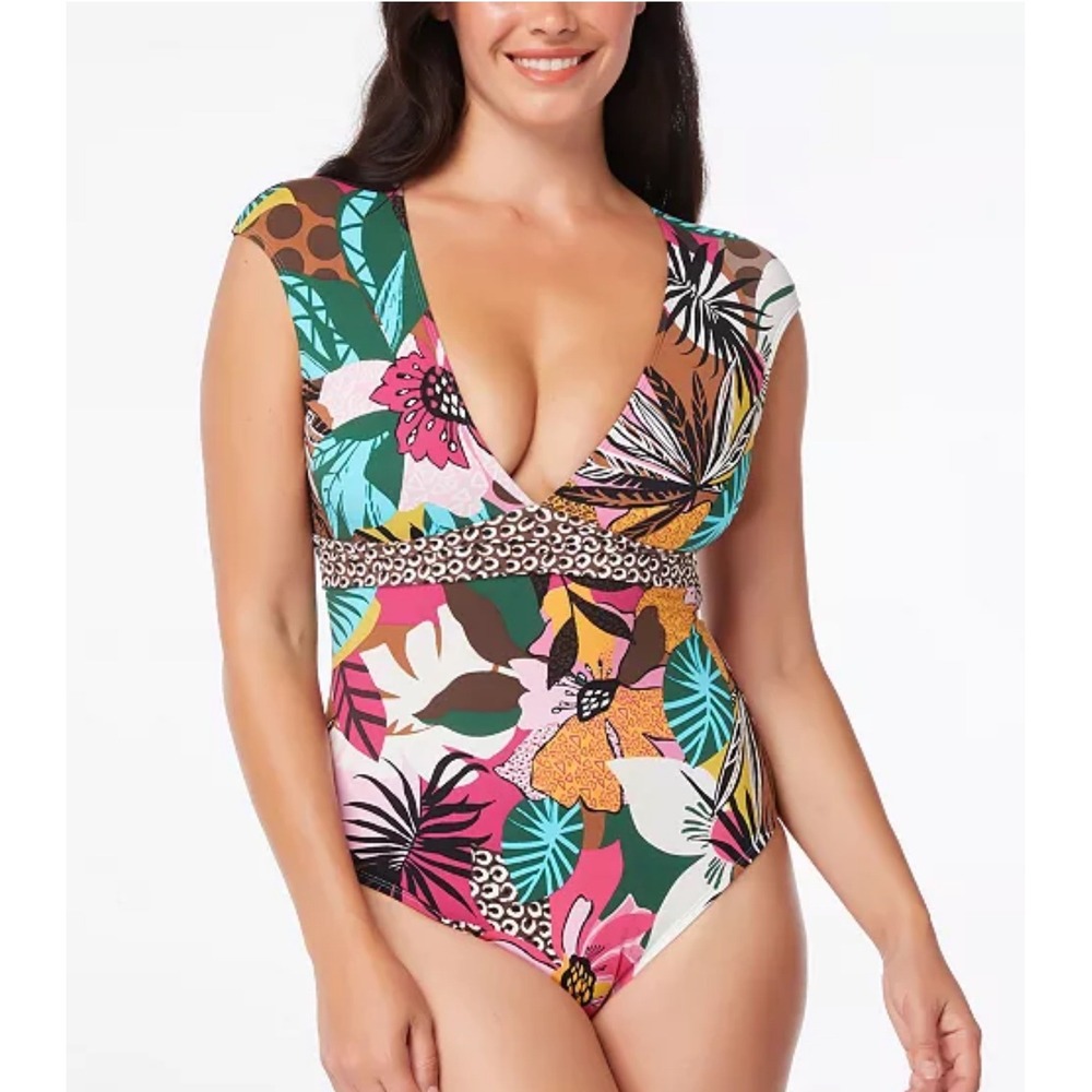 Bleu Rod Beattie Women's Cap Sleeve Run Wild Print One‎ Piece Swimsuit Size 14